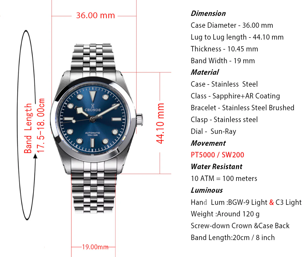 Cronos 36mm PT5000 Snowflake Automatic Men Watch L6036 - Image 12